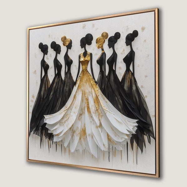 Framed Wall Art: Elegant women in black, white, and gold dresses. Modern art canvas print with a neutral color palette. Perfect for stylish decor.