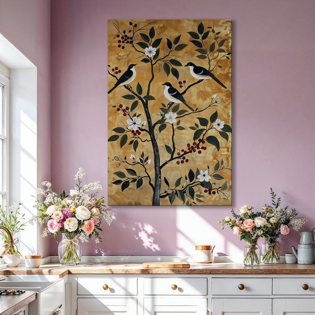 Framed Wall Art featuring birds on a tree, in a gold, black, and white color palette. Perfect for adding a touch of elegance to your home decor.