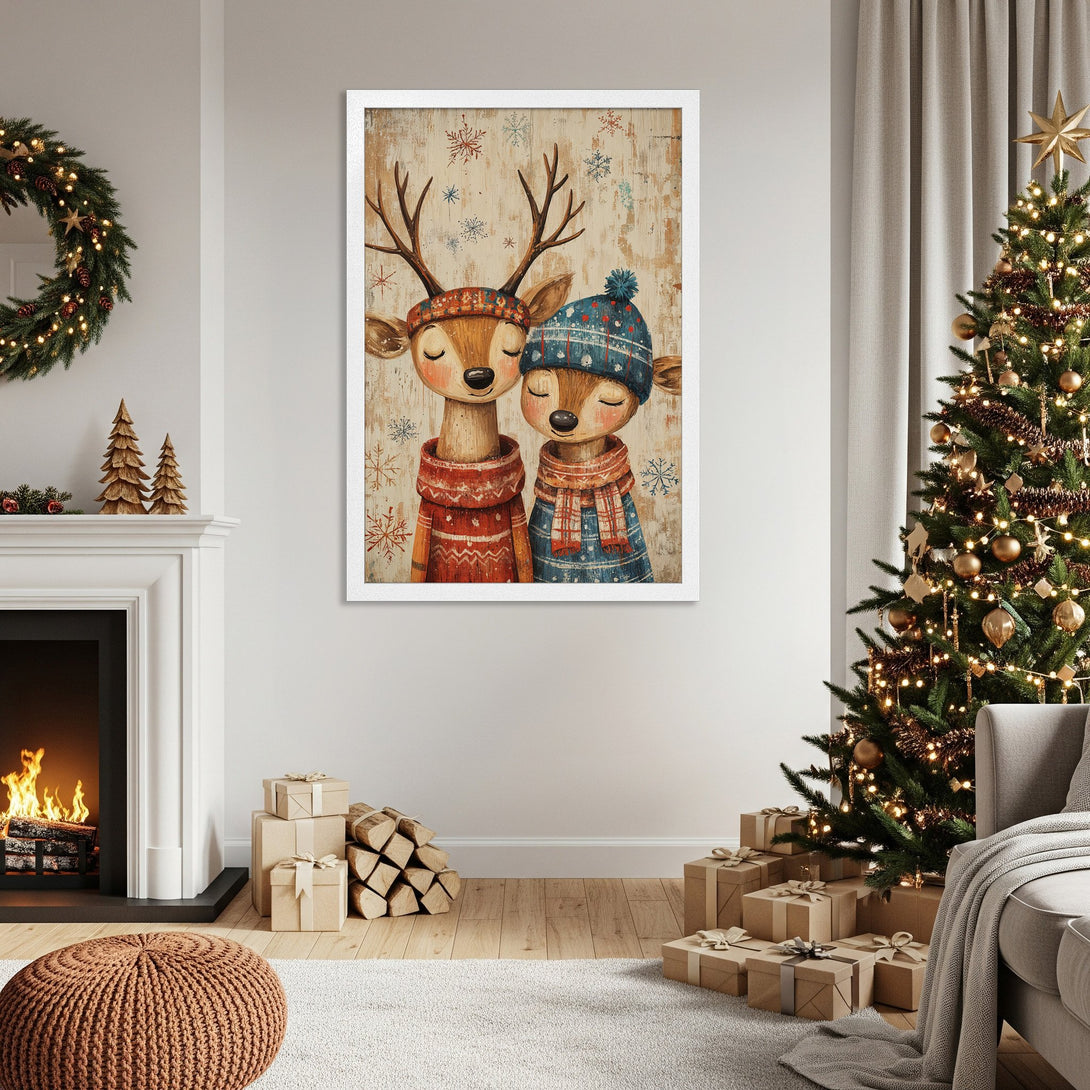 Framed Poster featuring adorable deer in winter attire, whimsical style, warm color palette, perfect for holiday decor.