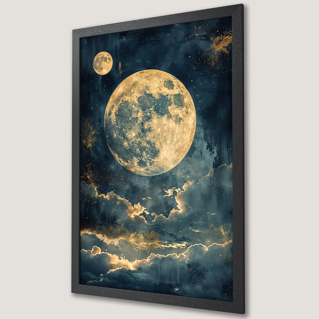 Framed Poster featuring a celestial moonscape in a dreamy, artistic style with a dark blue and gold color palette. Perfect wall art!