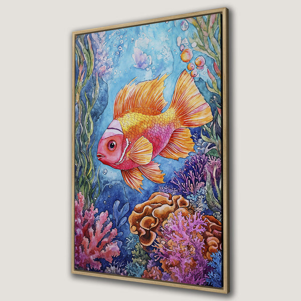 Framed Wall Art: Watercolor painting of a vibrant goldfish swimming in a colorful coral reef. Features a blue, orange, and pink color palette. Perfect for coastal decor.