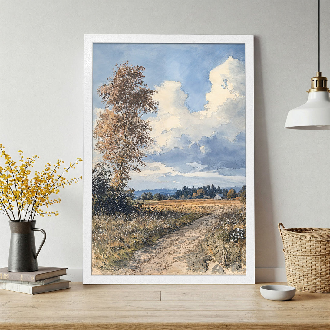 Framed Poster of a serene landscape painting with a neutral color palette. Features a dirt road, tree, and sky. Perfect wall art!