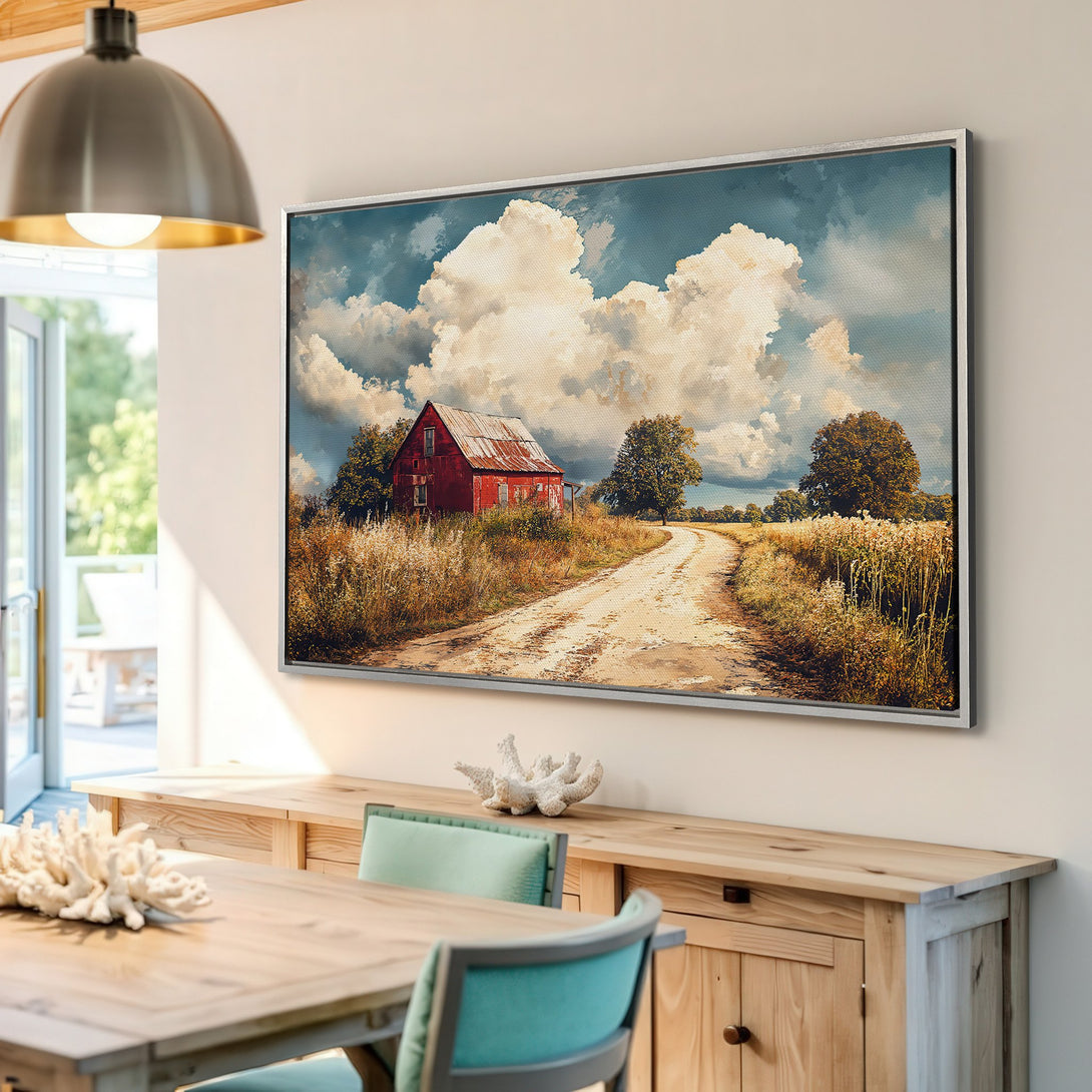Framed Wall Art: Rustic barn landscape Canvas Print in warm earth tones. Perfect farmhouse decor. Bring the outdoors in with this stunning artwork!