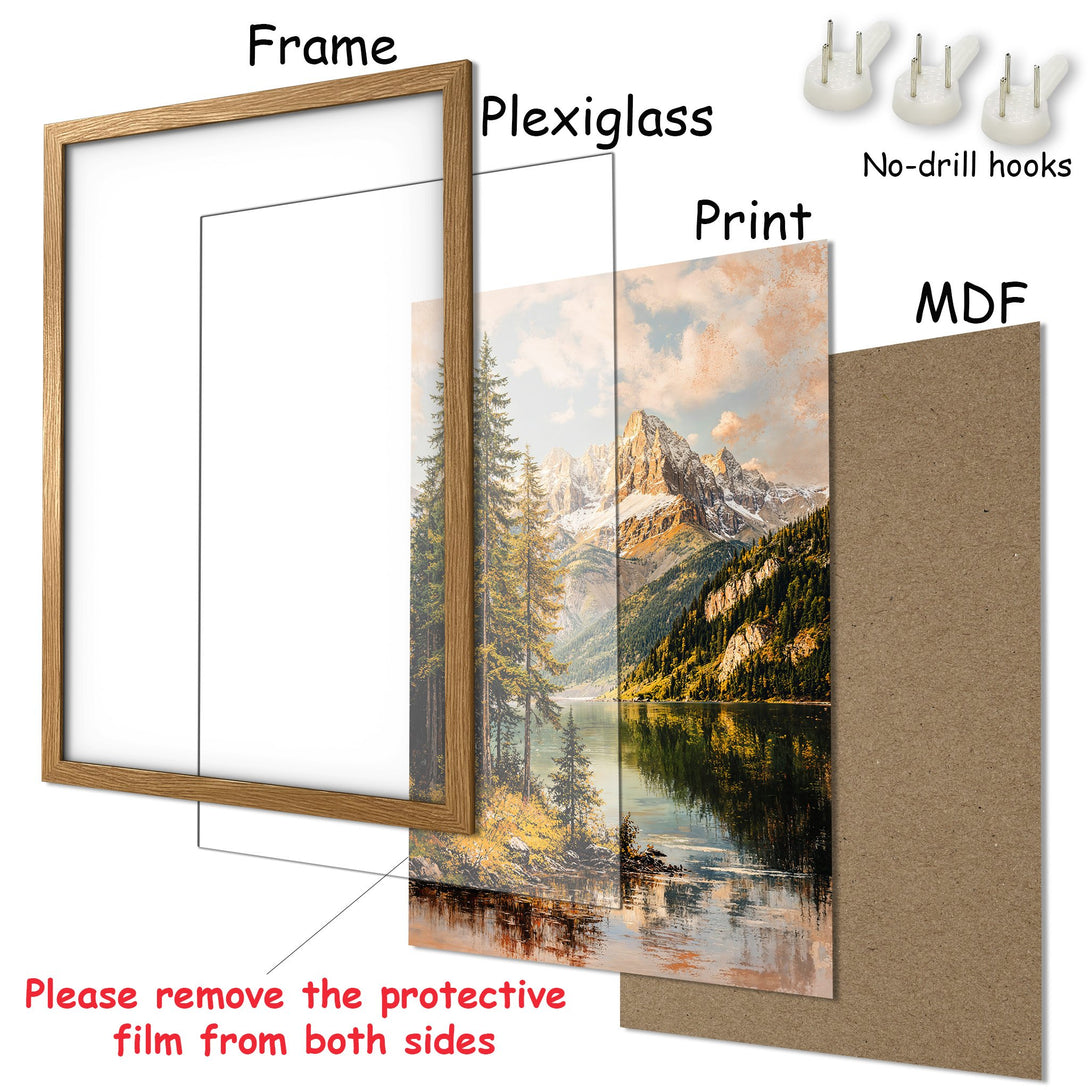 Framed Poster featuring a serene mountain landscape in a warm, natural color palette. Perfect wall art for any room!