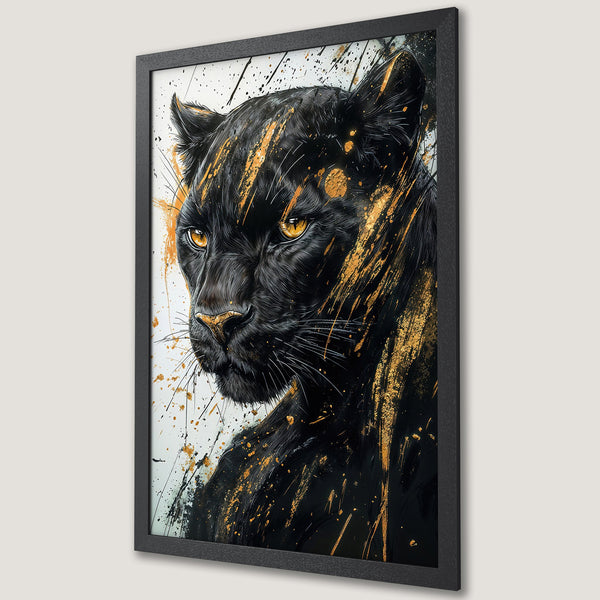 Framed Poster featuring a black panther in an artistic, splash style with black, gold, and white color palette. Perfect wall art!