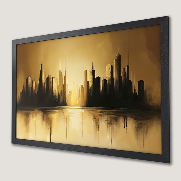 Framed Poster of a golden cityscape painting. Modern art style, warm color palette. Perfect wall decor!