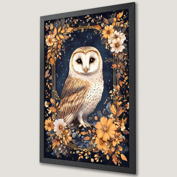 Framed Poster featuring a majestic owl surrounded by floral elements in a warm, earthy color palette. Perfect wall art for any room!