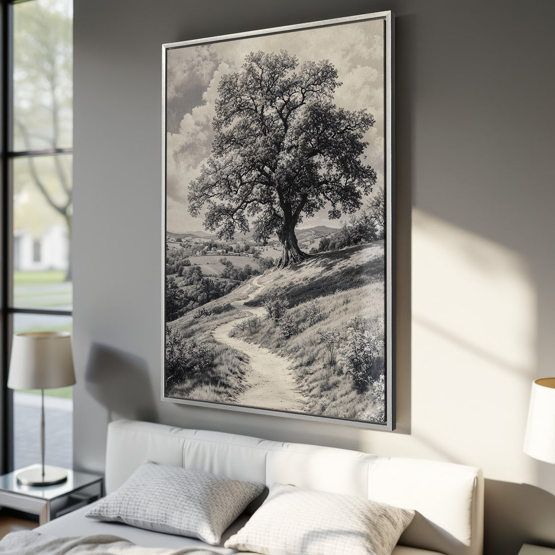 Framed Wall Art featuring a monochrome landscape with a large tree and winding path. Classic style, neutral color palette perfect for bedroom decor.