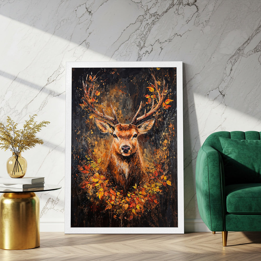 Framed Poster featuring a majestic deer in an impressionistic style with autumn colors. Perfect wall art for your home!