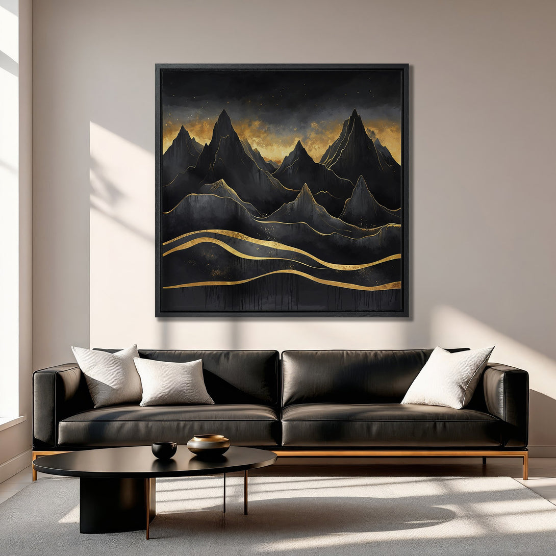 Framed Wall Art: Abstract mountain landscape in black and gold. Modern Canvas Print adds a touch of luxury to any living room. Shop now!