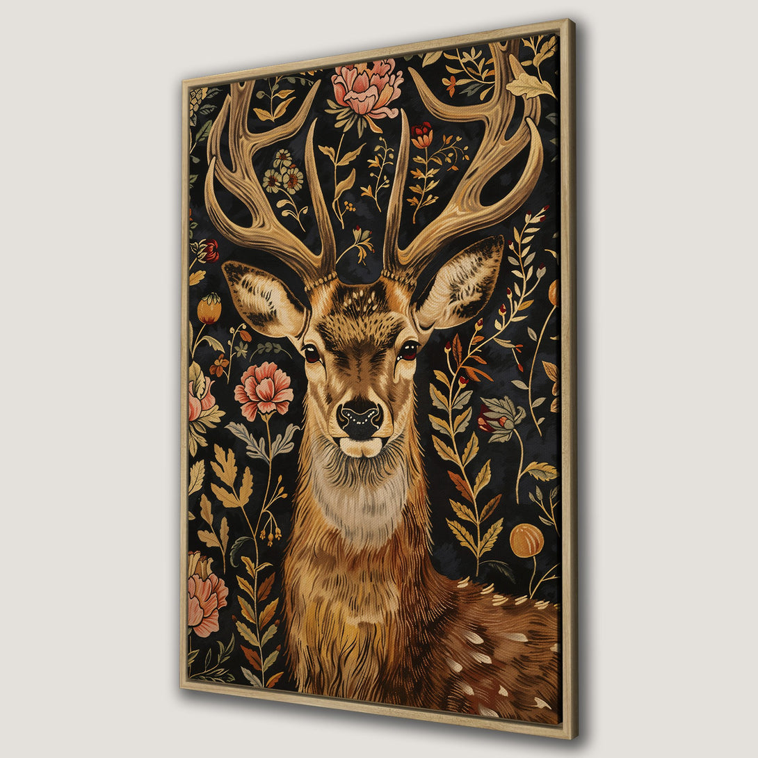 Framed Wall Art: Majestic deer portrait with floral accents. Earthy tones of brown, gold, and black create a vintage, elegant style. Perfect for home decor.