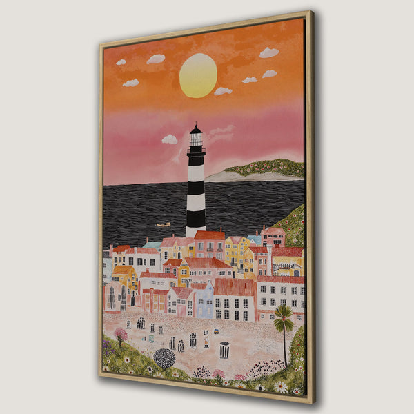 Framed Wall Art: Coastal town canvas print with a lighthouse, colorful buildings, and warm sunset hues. Perfect for adding a touch of art to your home!