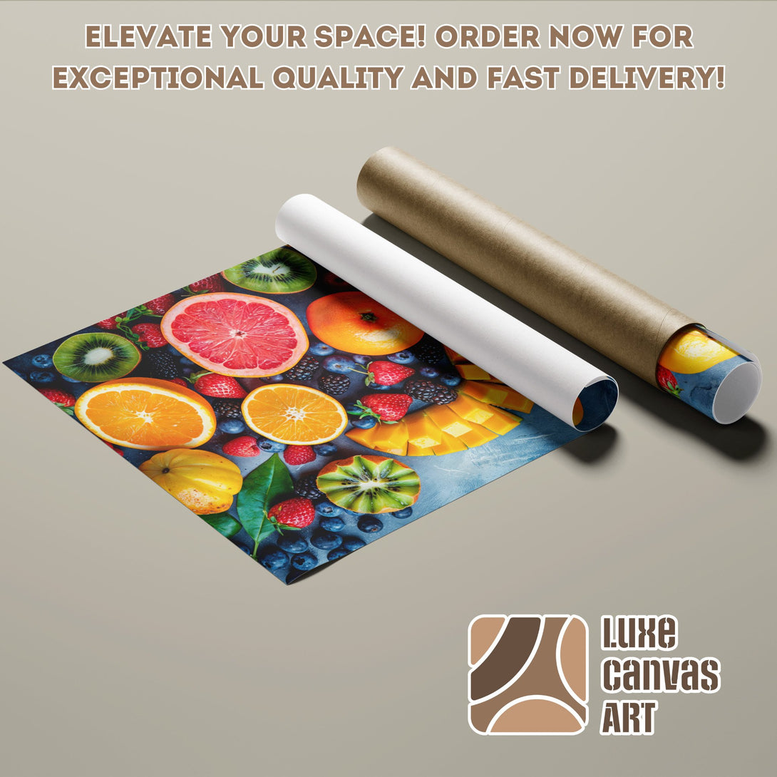 Poster Roll featuring a vibrant fruit collage in a colorful, modern style. Perfect wall art for your kitchen!