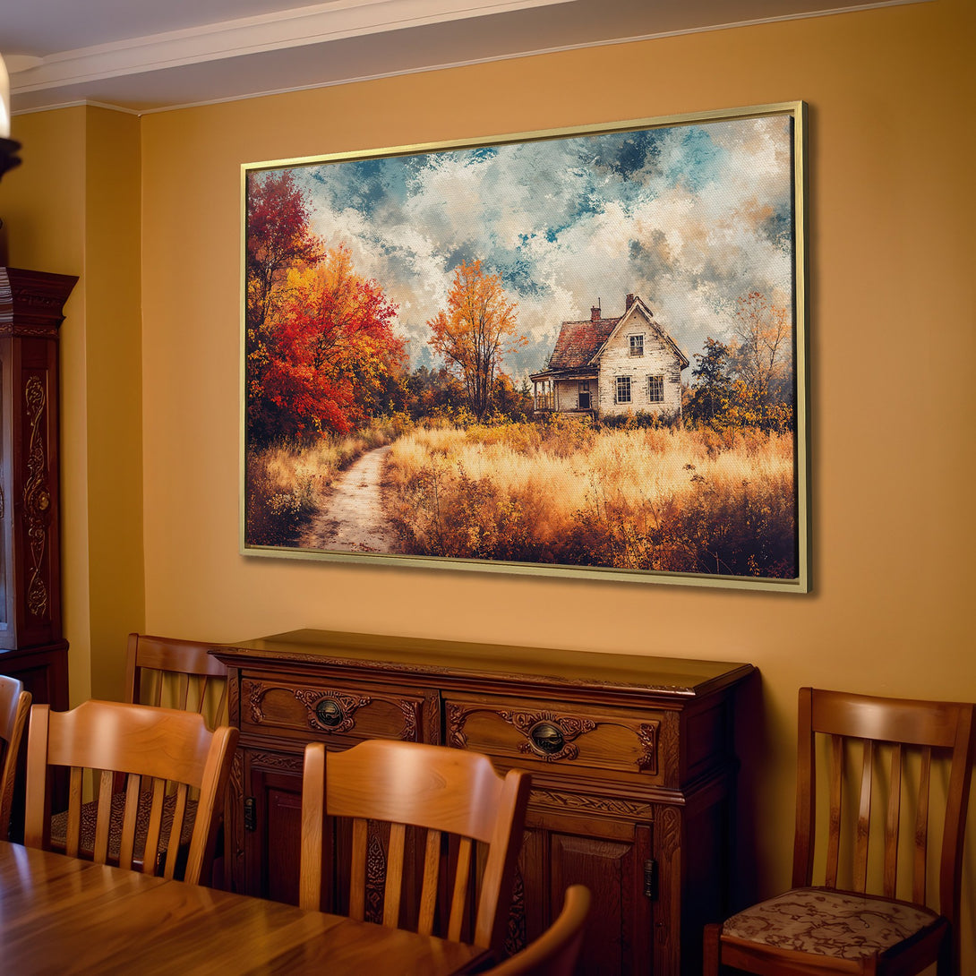 Canvas Print of a rustic landscape painting with a farmhouse, featuring warm autumn colors. Perfect for adding cozy charm to your home!