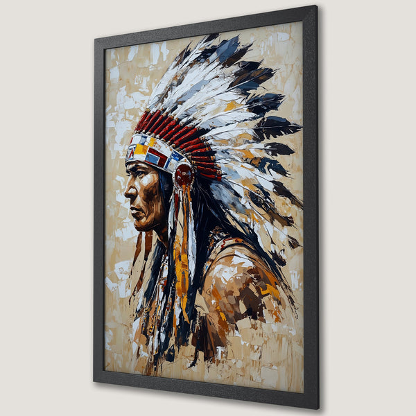 Framed Poster of Native American Chief in impressionist style with earthy tones. Add a touch of history to your decor!