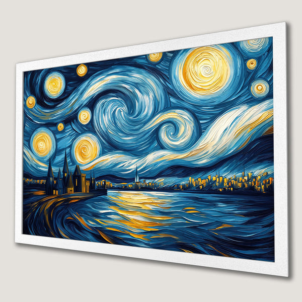 Framed Poster of a starry night cityscape in a Van Gogh style. Blue, yellow, and gold color palette. Perfect wall art!