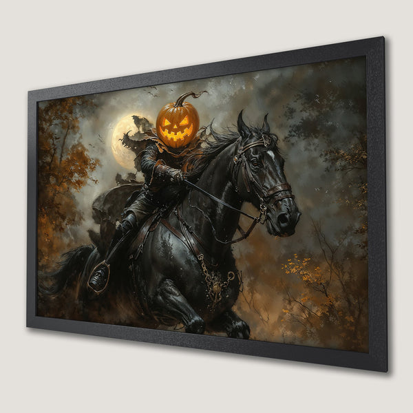 Framed Poster: Headless Horseman art print in dark, autumnal tones. Perfect Halloween decor.