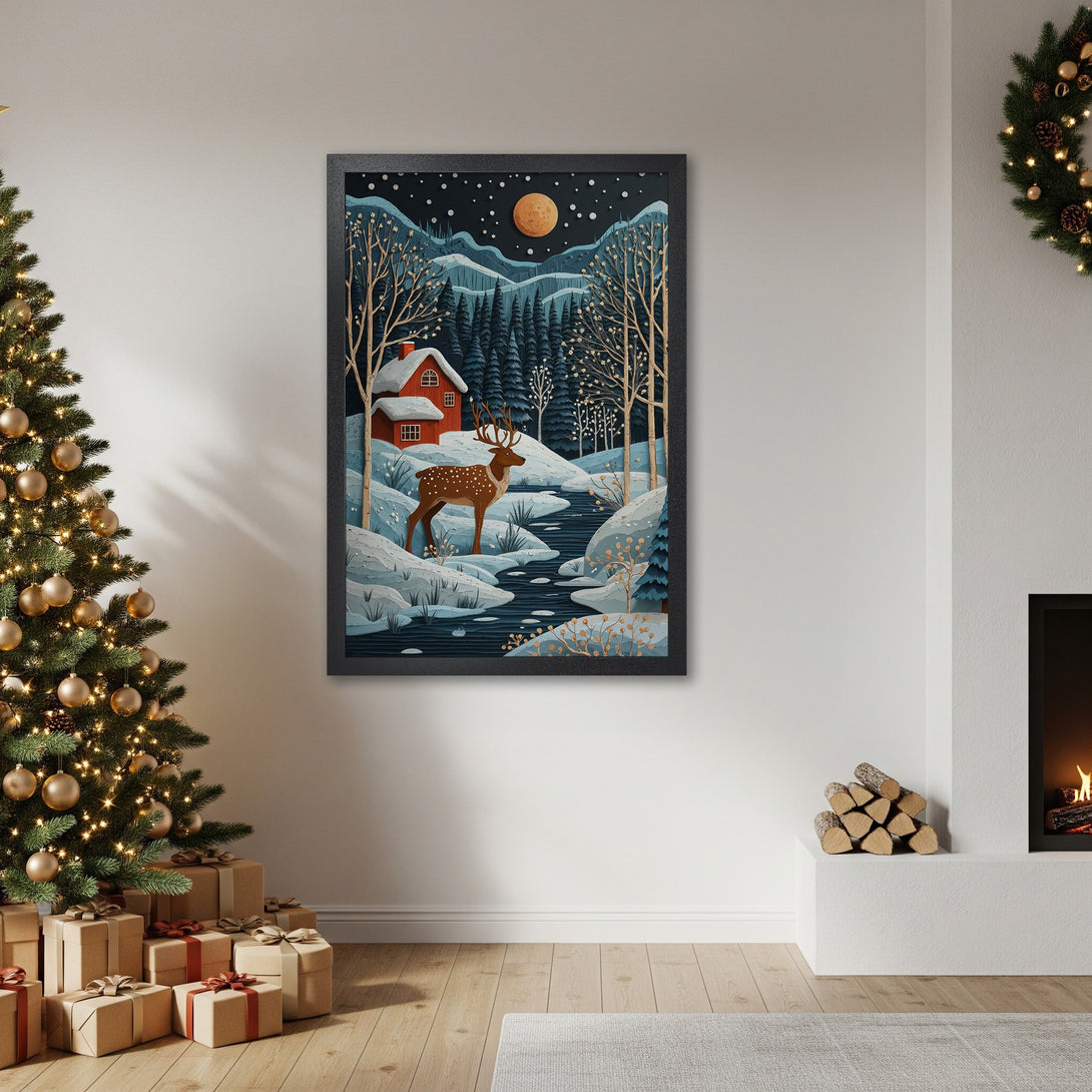Framed Poster featuring a winter landscape with a deer. Art print in a cozy style with a blue, brown, and red color palette, perfect for holiday decor.