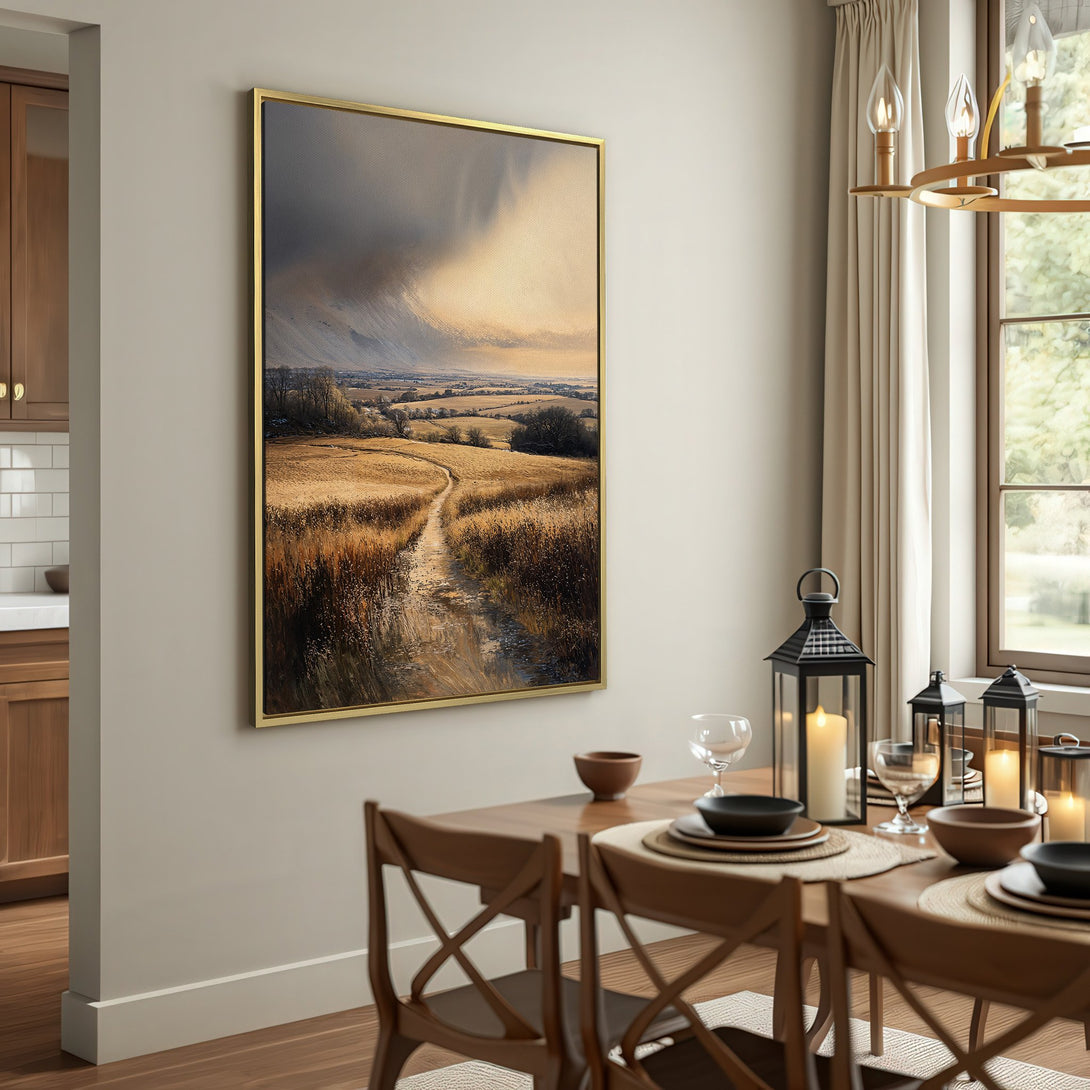 Canvas Print of a serene landscape painting in warm, earthy tones. Rustic style wall art with a muted color palette, perfect for any home.