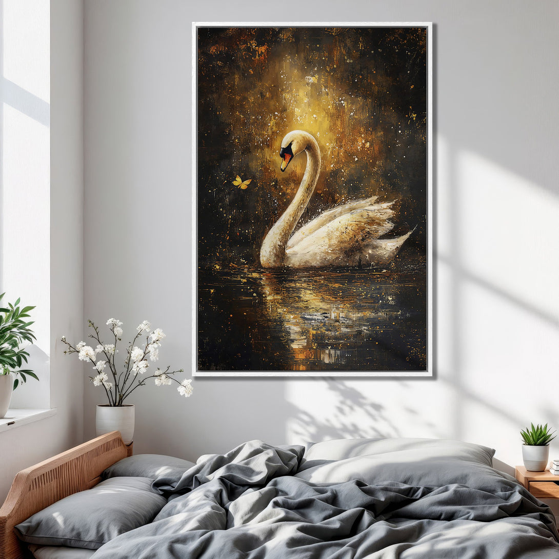 Framed Wall Art: Elegant swan painting in a bedroom. Features a gold and black abstract background with a white frame. Perfect for home decor.