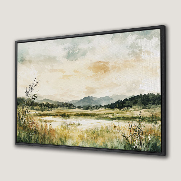 Framed Wall Art: Watercolor landscape Canvas Print. Serene scene with mountains, fields, and a soft, earthy color palette. Add tranquility to your space.