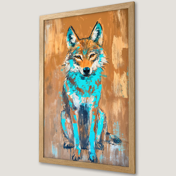 Framed Poster featuring a vibrant wolf art print in a modern, abstract style with a warm brown and teal color palette. Perfect wall decor!