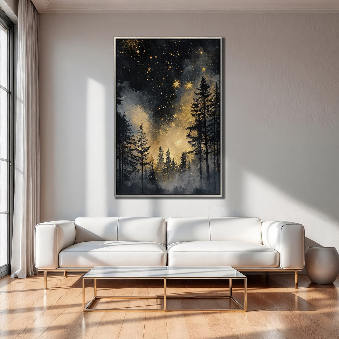 Framed Wall Art: Forest scene with a starry night sky. Modern, abstract style with gold, black, and gray color palette. Perfect for living room decor.