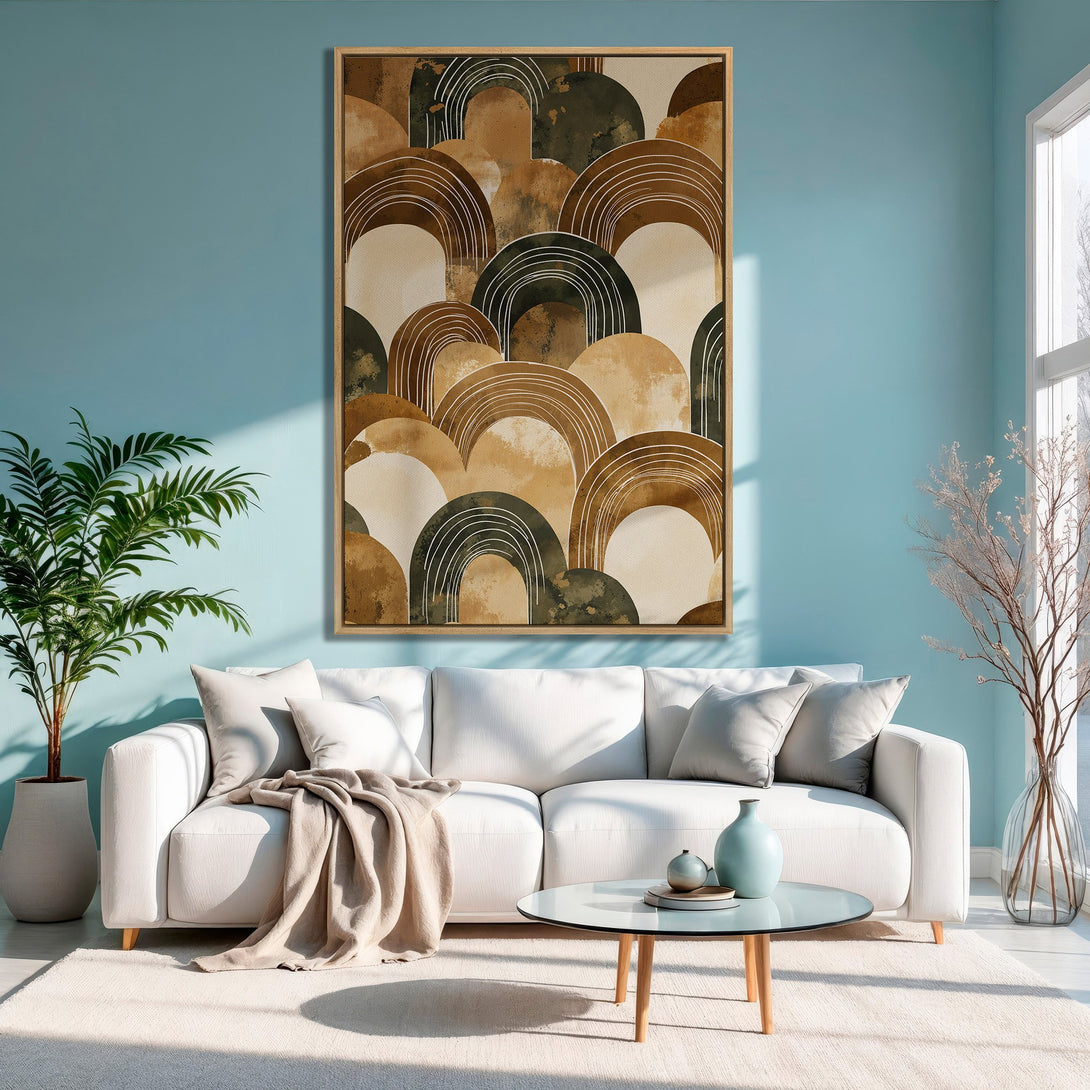 Framed Wall Art featuring an abstract arch design in warm earth tones. Perfect for adding modern style to your living room.