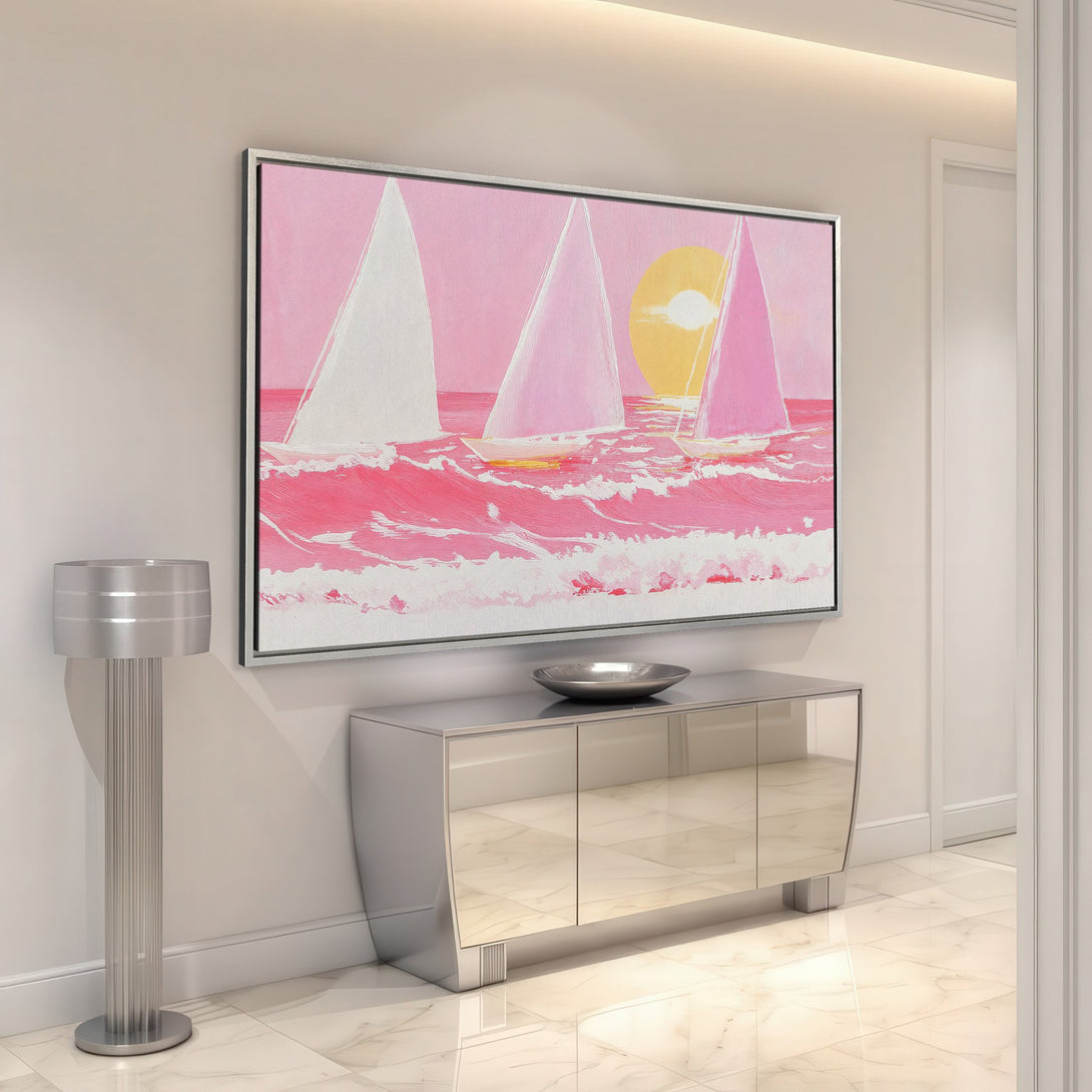 Framed Wall Art: Pink sailboat canvas print in modern interior. Abstract style with pink, white, and yellow color palette. Add a pop of color to your space!