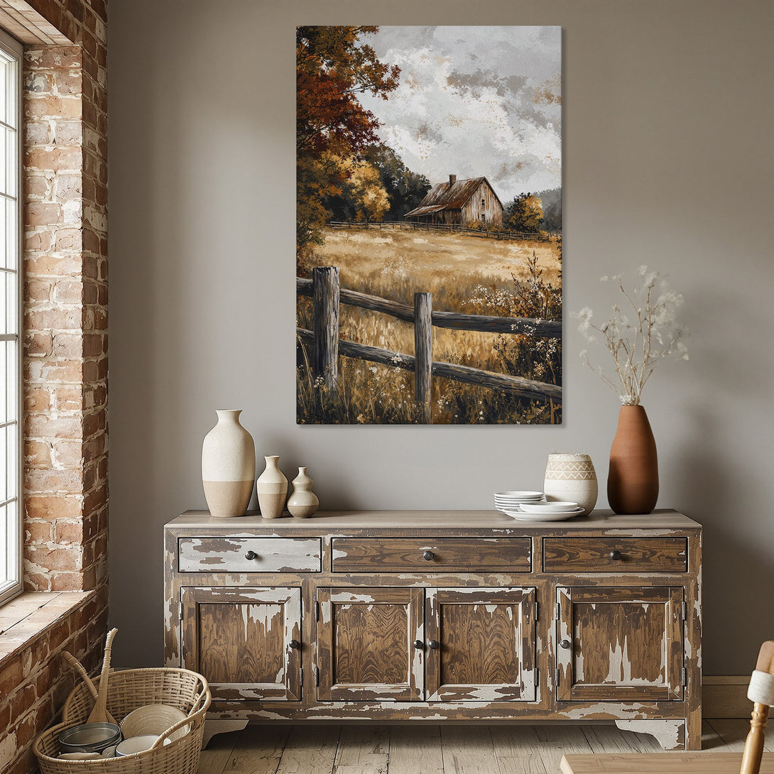Framed Wall Art: Rustic landscape Canvas Print with warm autumn colors, featuring a barn and fence. Perfect for farmhouse decor!