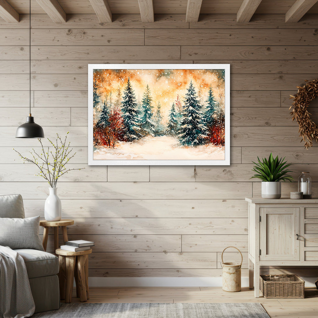 Framed Poster of a watercolor winter forest scene. Features teal, orange, and white color palette. Perfect for cozy decor.