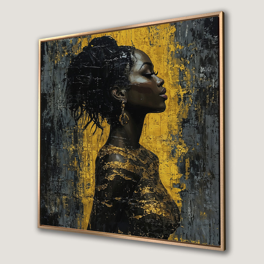 Framed Wall Art: Abstract portrait of a woman in gold and black, modern art style. Stunning canvas print for living room decor.