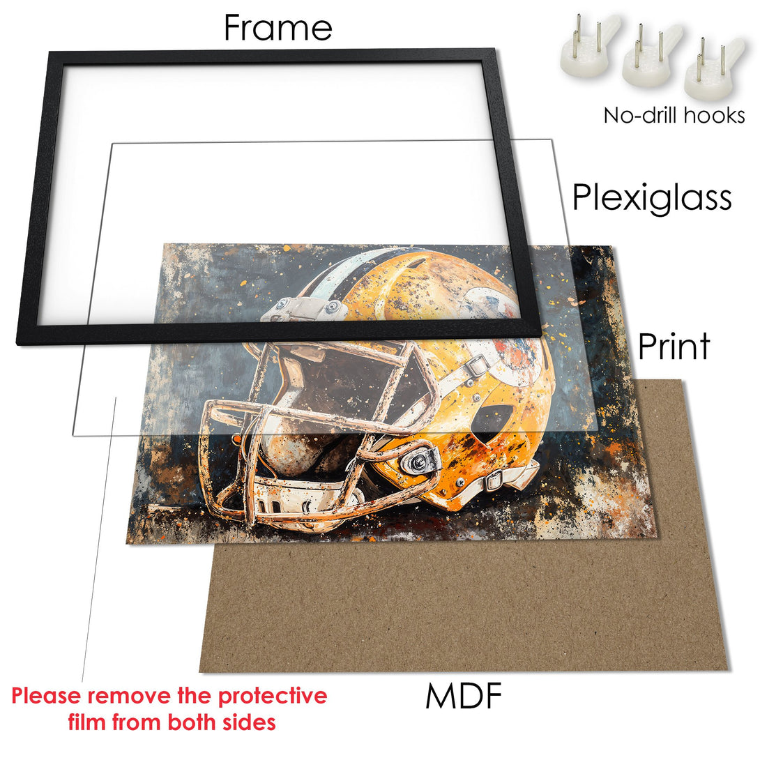 Framed Poster featuring a football helmet in an abstract style with a yellow, orange, and black color palette. Perfect wall art!