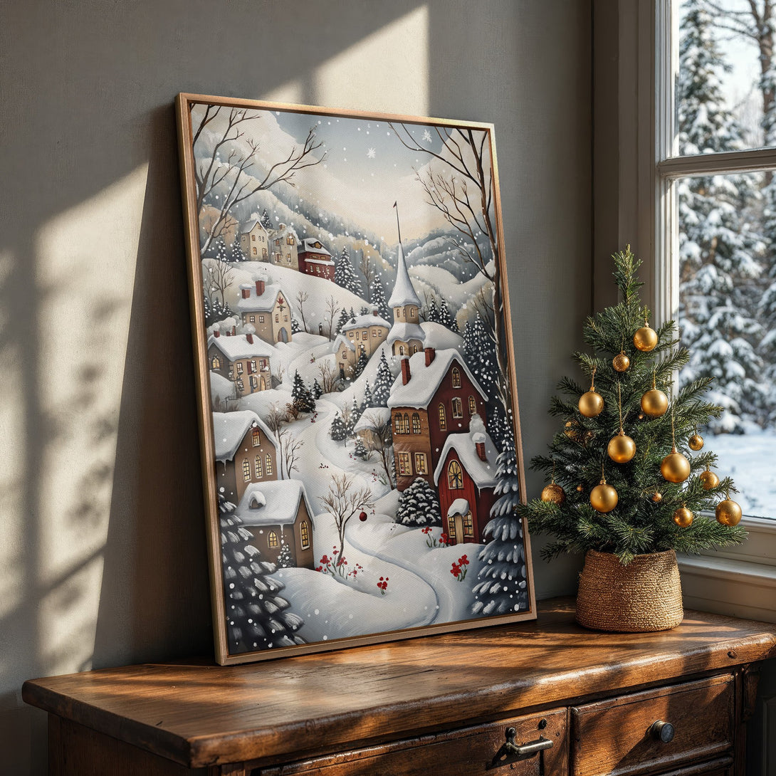 Framed Wall Art: Cozy winter village scene in a warm, neutral palette. Perfect for holiday decor! Add a touch of charm with this beautiful Canvas Print.
