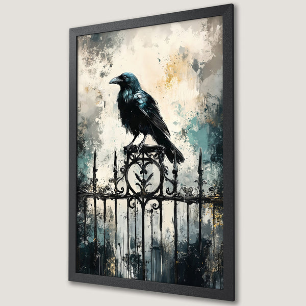 Framed Poster of a majestic deer with golden antlers in a dark, mystical forest. Warm gold and green color palette. Perfect wall art.