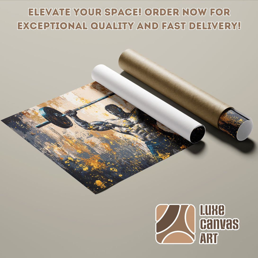 Abstract weightlifter Poster Roll art in blue, gold, and black. Elevate your space!