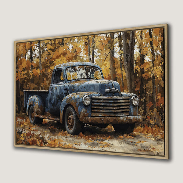 Framed Wall Art: Vintage blue truck in autumn forest. Rustic style with warm orange and brown tones. Perfect for farmhouse decor.