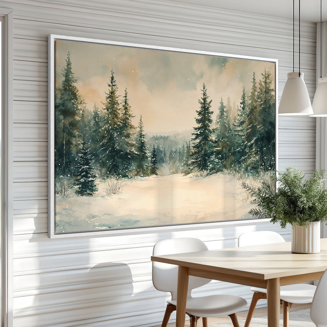 Framed Wall Art: Winter forest scene in watercolor style with a serene, muted green and beige color palette. Perfect for adding a cozy touch to your home.