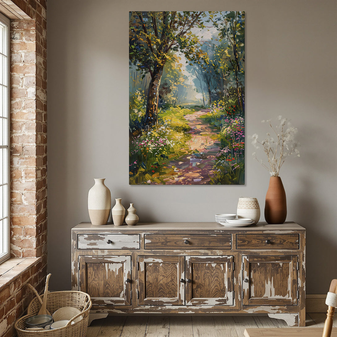 Framed Wall Art: Impressionist forest path painting in warm greens, yellows, and blues. Adds a touch of nature to any space. Shop now!