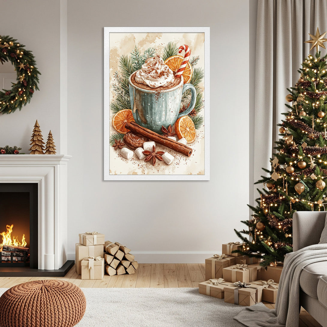 Framed Poster featuring a watercolor illustration of a hot chocolate, warm tones, perfect for holiday decor.