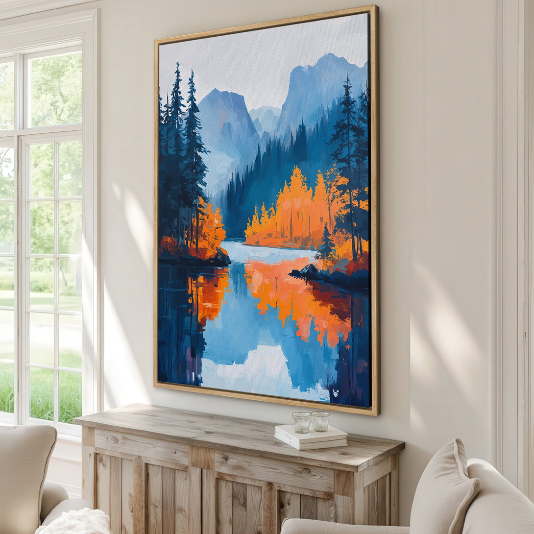 Framed Wall Art: Abstract landscape Canvas Print with vibrant blue and orange hues. Modern art for home decor, featuring a serene lake and mountain scene.
