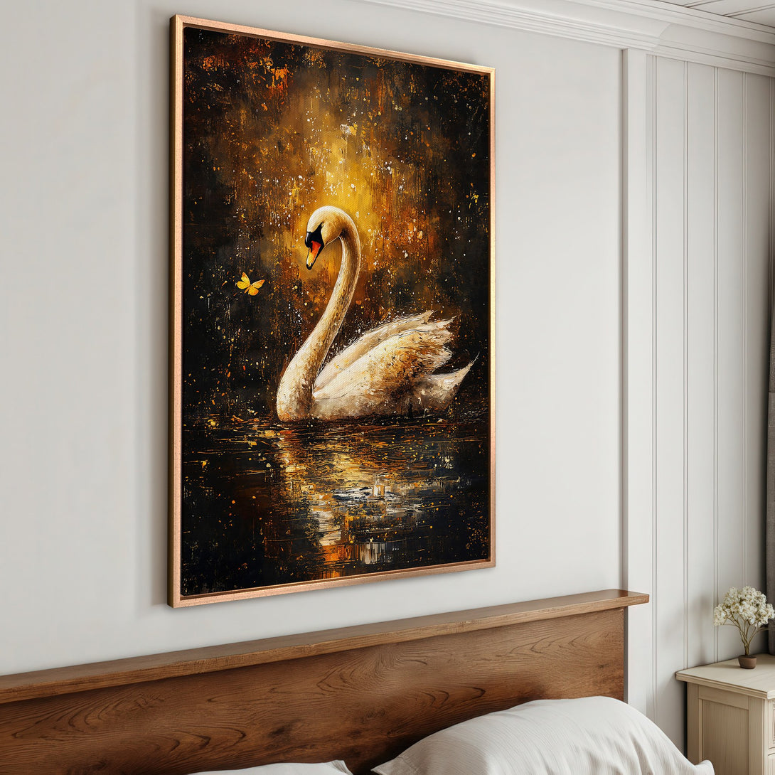 Framed Wall Art: Elegant swan painting in warm gold and black tones. Perfect for bedroom decor. Add a touch of sophistication to your space.