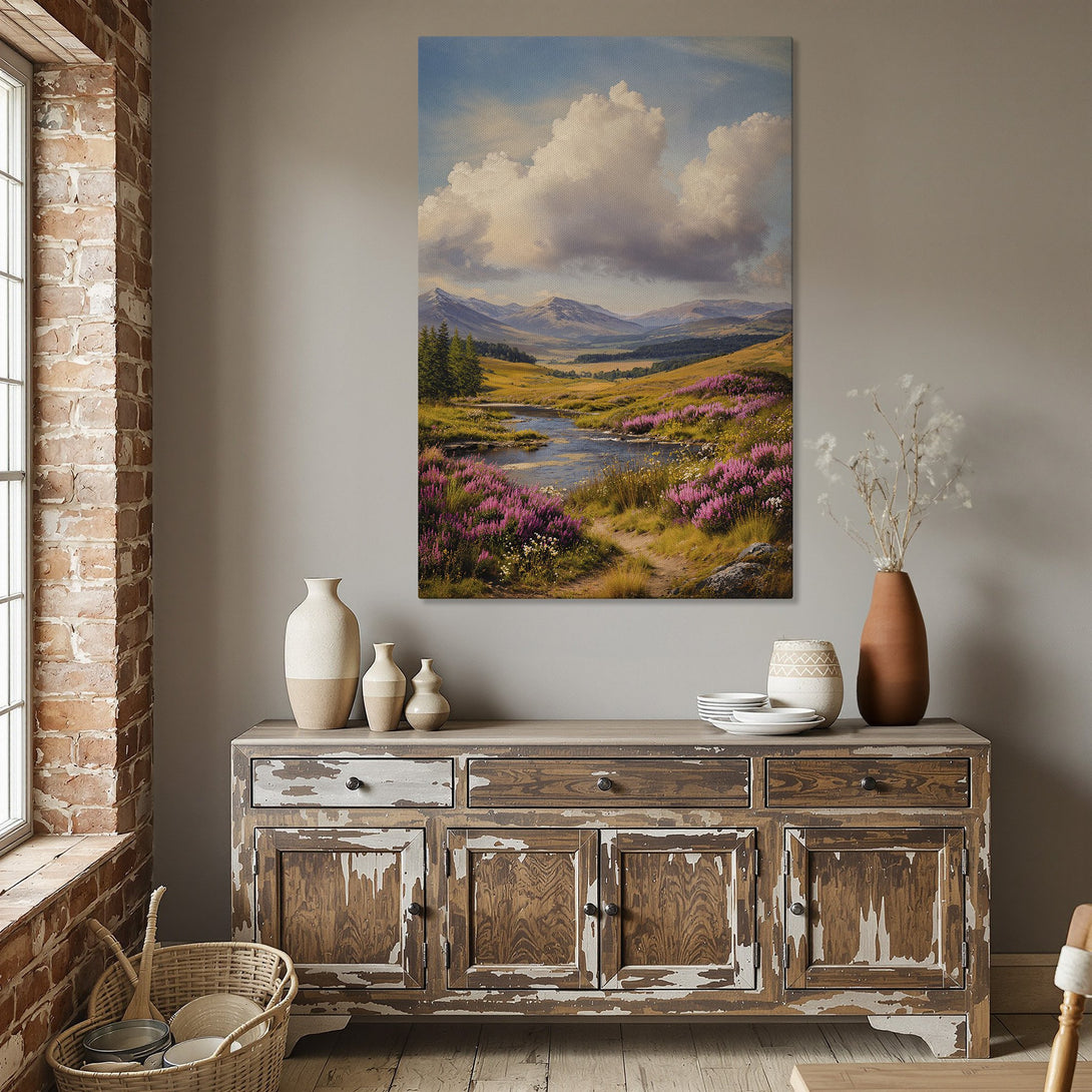 Framed Wall Art: Landscape Canvas Print with a serene mountain and river scene in a soft, pastel color palette, perfect for adding a touch of nature.