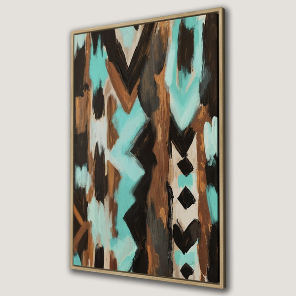 Abstract Canvas Print with teal, brown, and black brushstrokes. Modern wall art for a stylish home.