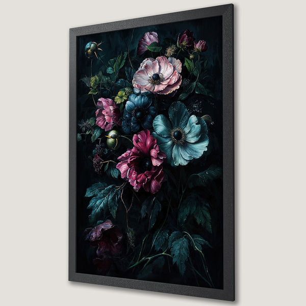 Framed Poster featuring a dark floral painting with a moody color palette of deep greens, pinks, and blues. Perfect wall art!