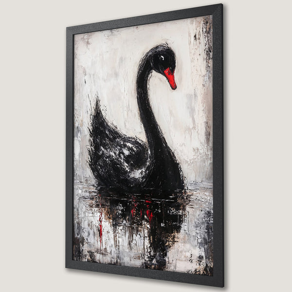 Framed Poster: Black swan art print in abstract style with a monochrome color palette and a pop of red. Add elegance to your space!