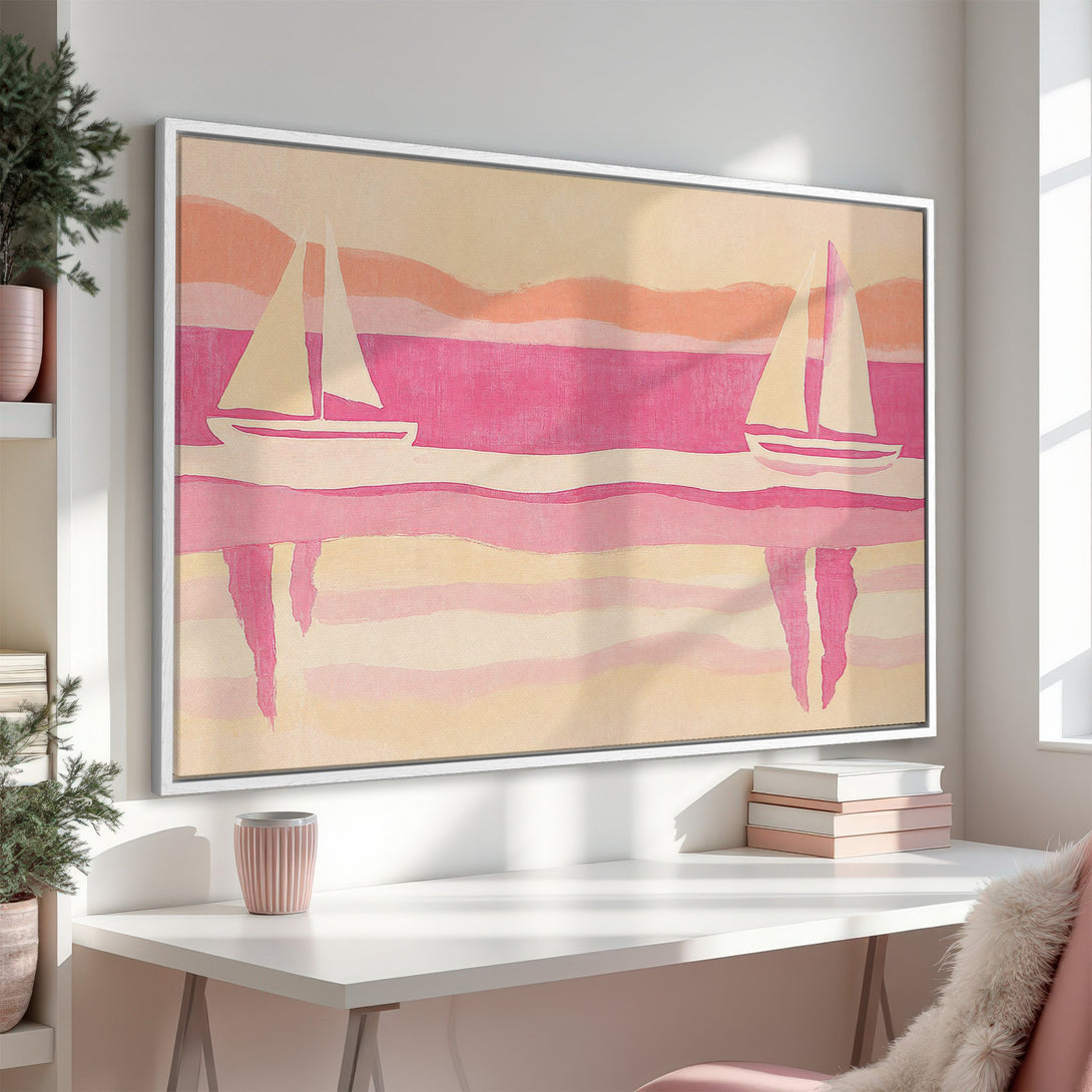 Framed Wall Art: Abstract sailboat art in a pink and peach color palette. Modern coastal style Canvas Print perfect for any room.