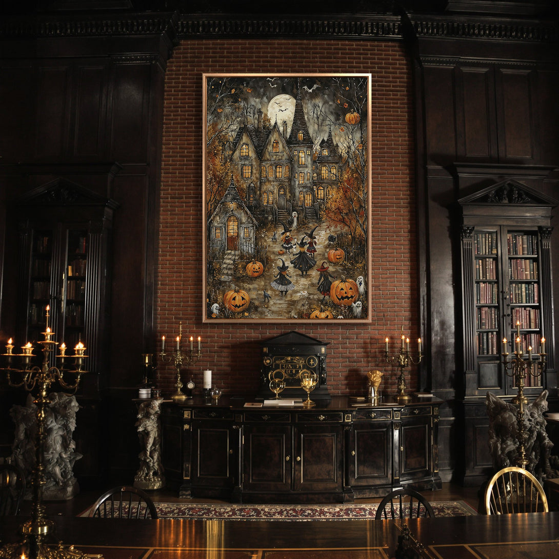 Framed Wall Art: Spooky Halloween scene canvas print in a dark interior. Features a haunted house, witches, pumpkins, and a warm, autumnal color palette.