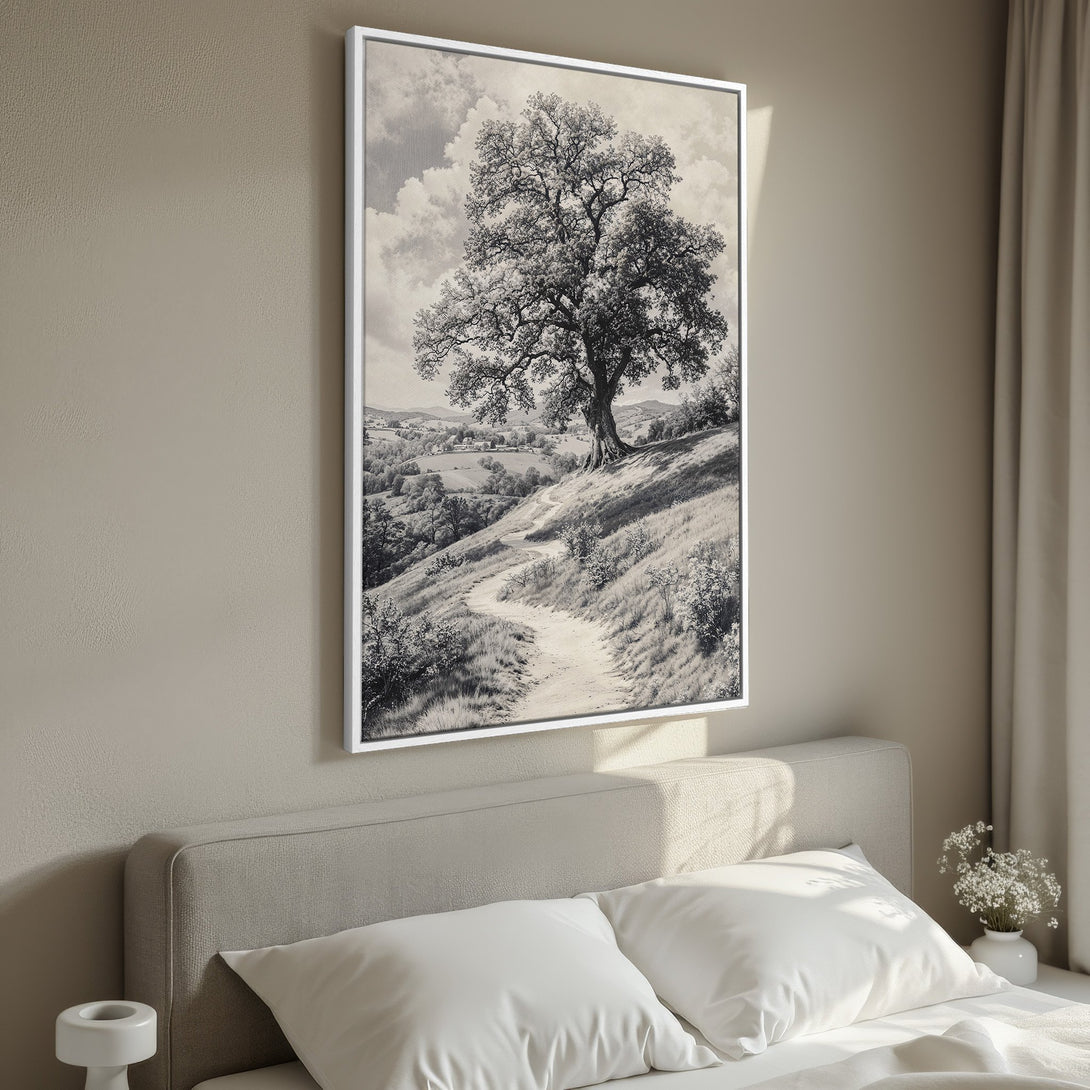 Framed Wall Art: Black and white landscape Canvas Print featuring a majestic tree on a hillside. Perfect for adding a touch of nature to your home decor.