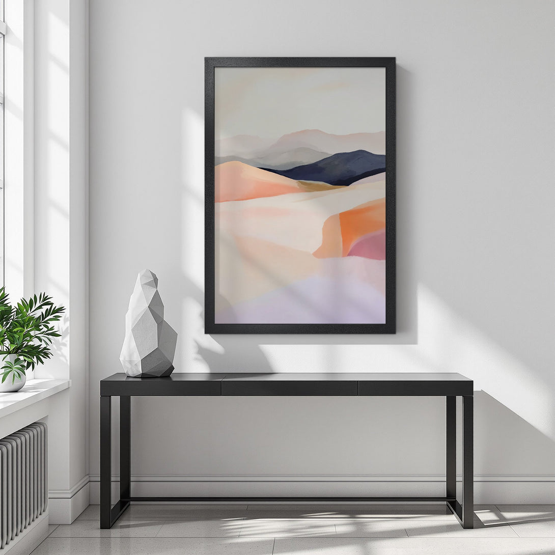 Framed Poster featuring abstract landscape art in soft pinks, oranges, and blues. Modern art style for home decor.